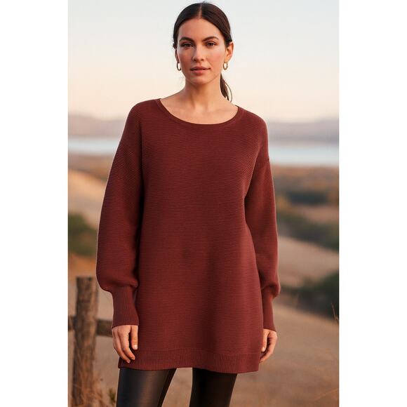 by Anthropologie Ribbed Knit Sweater Dress Size Large Pecan Brown Long Sleeve - Picture 2 of 10